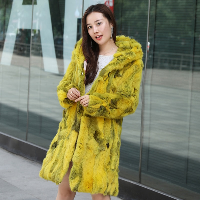 Mixed Color Blend Real Fur Hooded Coats