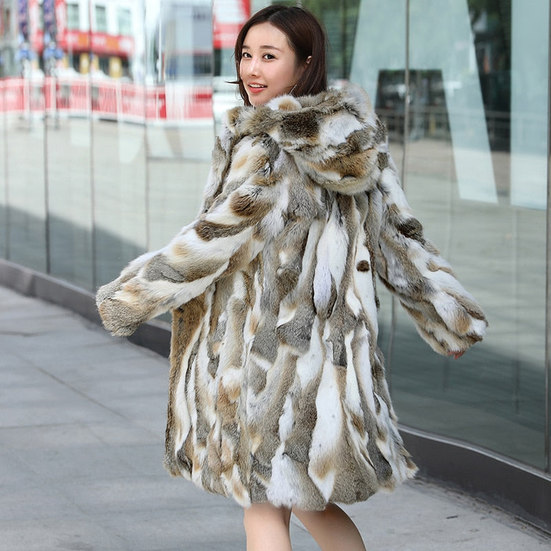 Mixed Color Blend Real Fur Hooded Coats