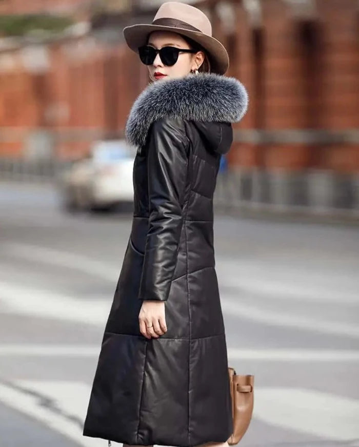 Genuine Leather Duck Down Coat Real Fur Hood