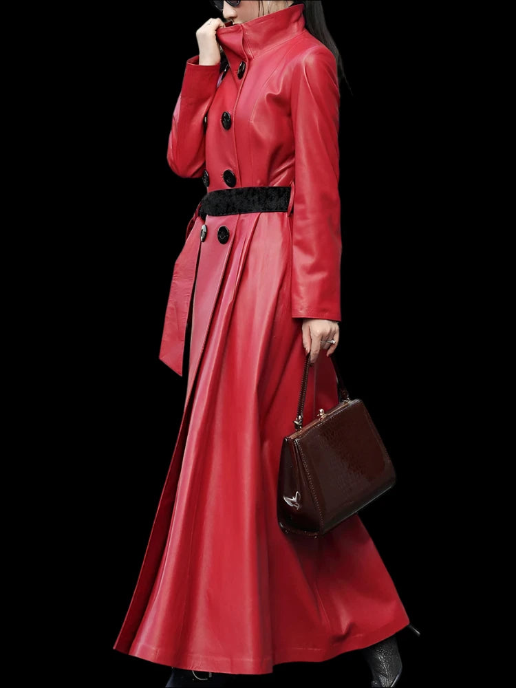 Long Red Pu Leather Trench Coats