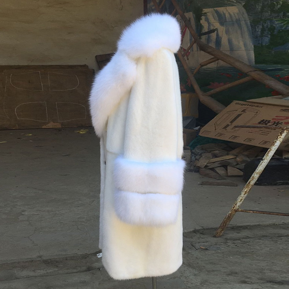 White Full Pelt Real Mink Fur Coat Fox Fur Collar & Cuffs