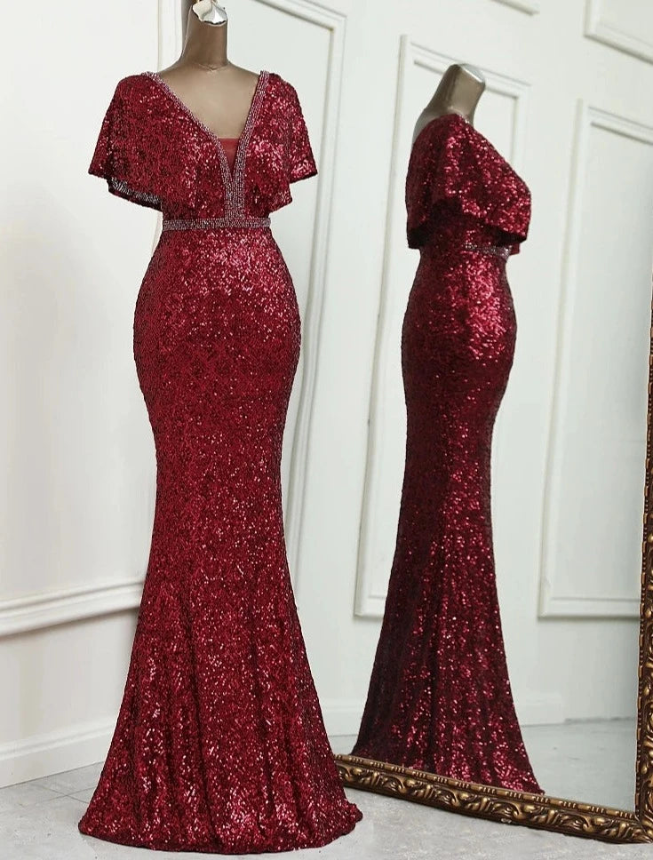 Sequin Deep V Drape Sleeve Mermaid Dresses