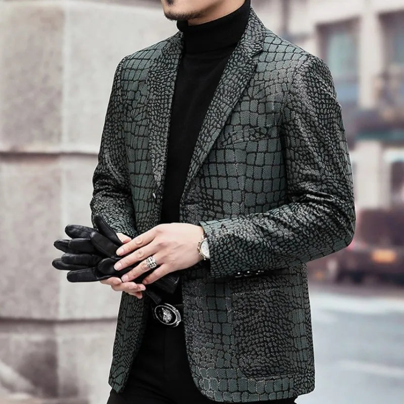 Crocodile Pattern Genuine Leather Blazer Jacket