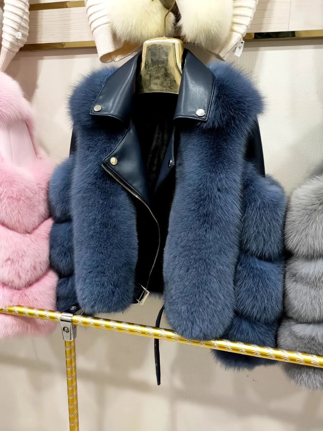 Genuine Leather Moto Real Fox Fur Coats