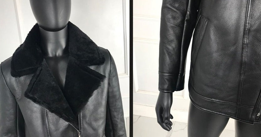 Black Genuine Leather Coat Real Fur Shearling