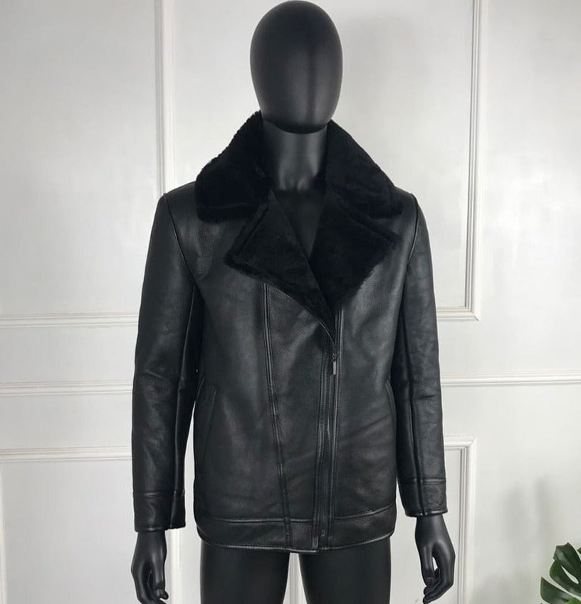 Black Genuine Leather Coat Real Fur Shearling