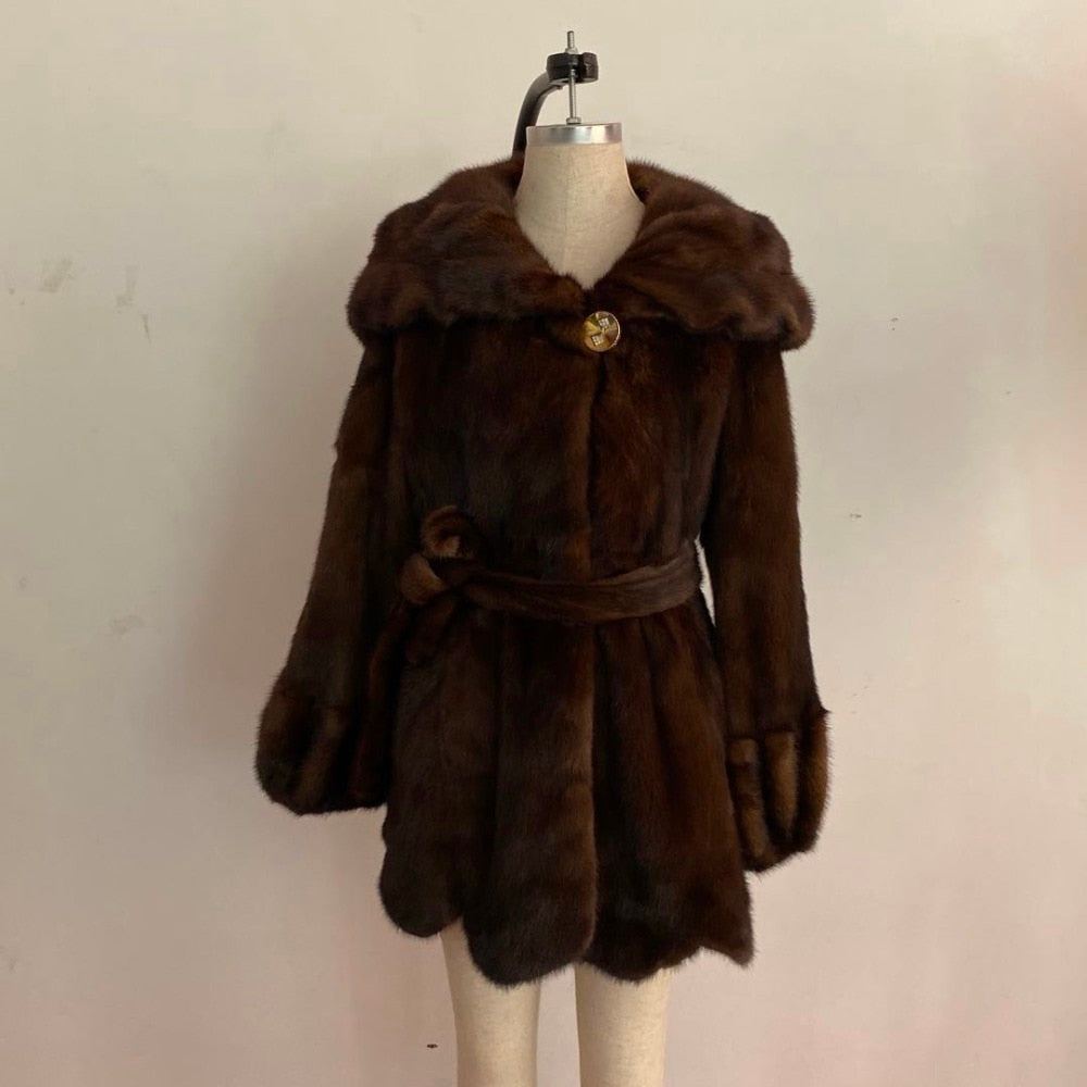 Real Mink Fur Coat With Big Hood Skirt Coats