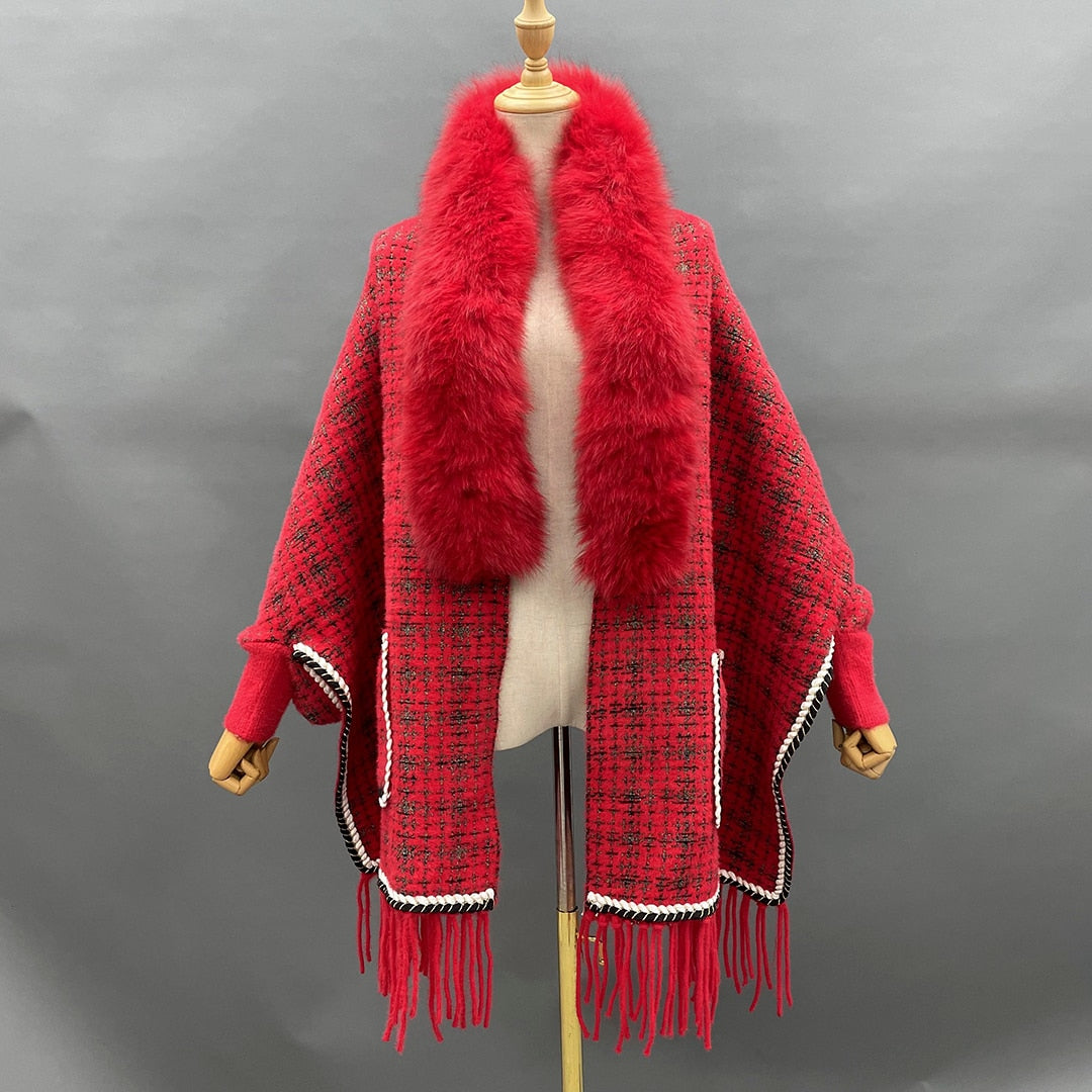 Real Fur Plaid Wool Tassel Ponchos