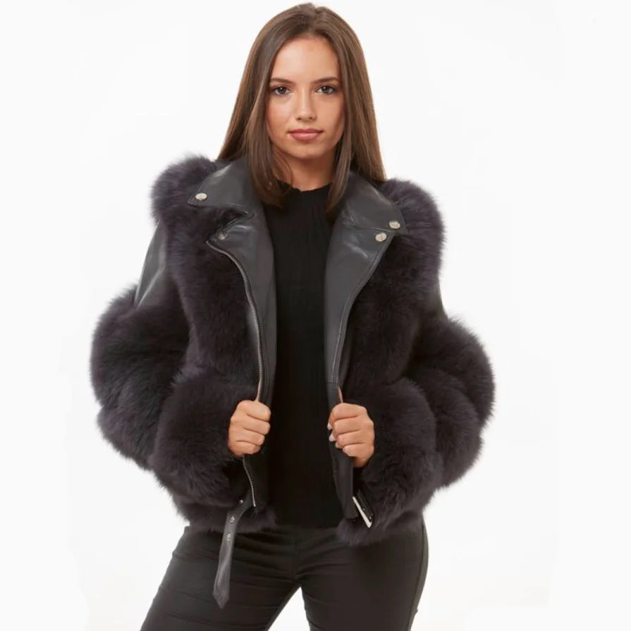 Genuine Leather Moto Real Fox Fur Coats