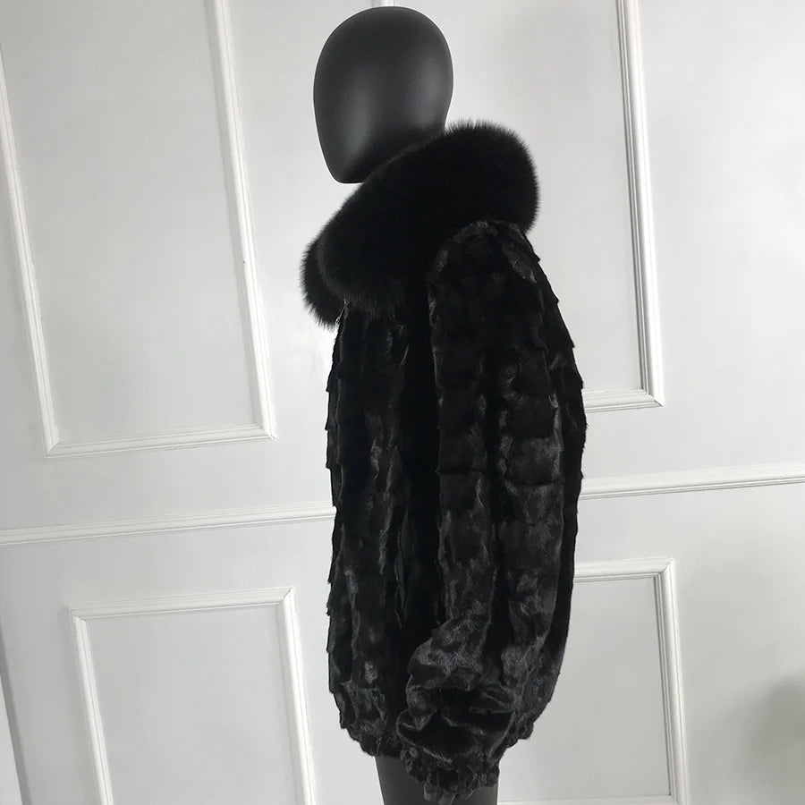 Real Mink Fur Coat Bomber Fox Fur Collar