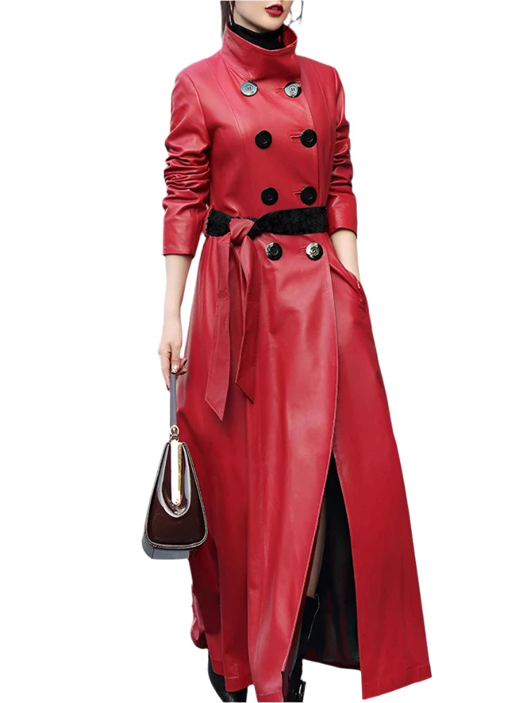 Long Red Pu Leather Trench Coats