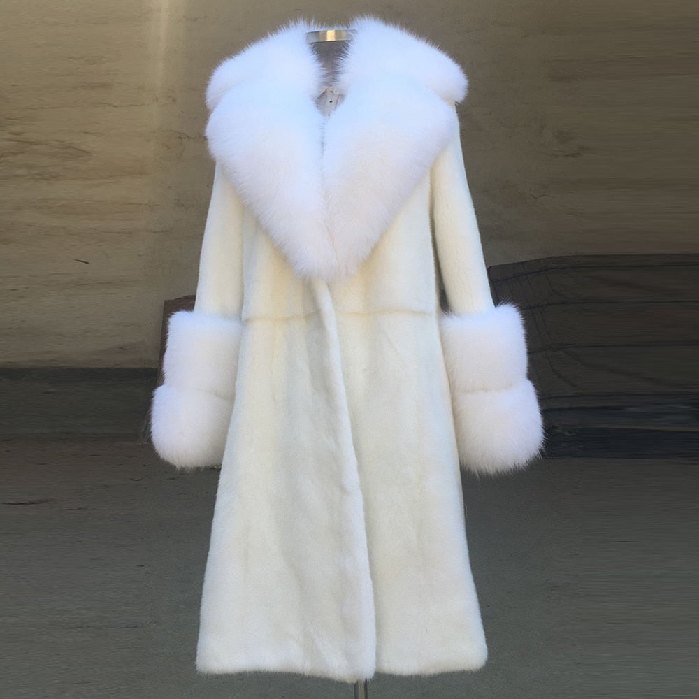 White Full Pelt Real Mink Fur Coat Fox Fur Collar & Cuffs