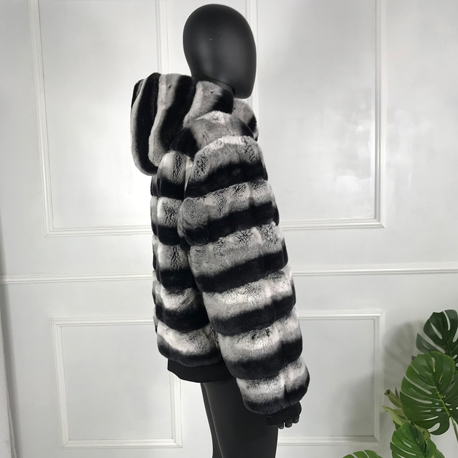 Hooded Real Rabbit Fur Bomber Chinchilla Style