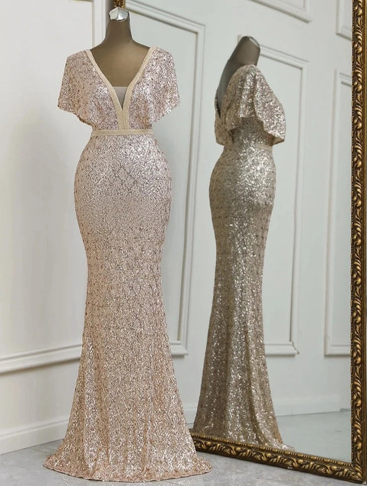 Sequin Deep V Drape Sleeve Mermaid Dresses