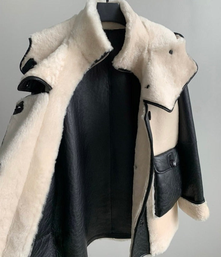 Genuine Leather Real Shearling Fur Coats Hooded