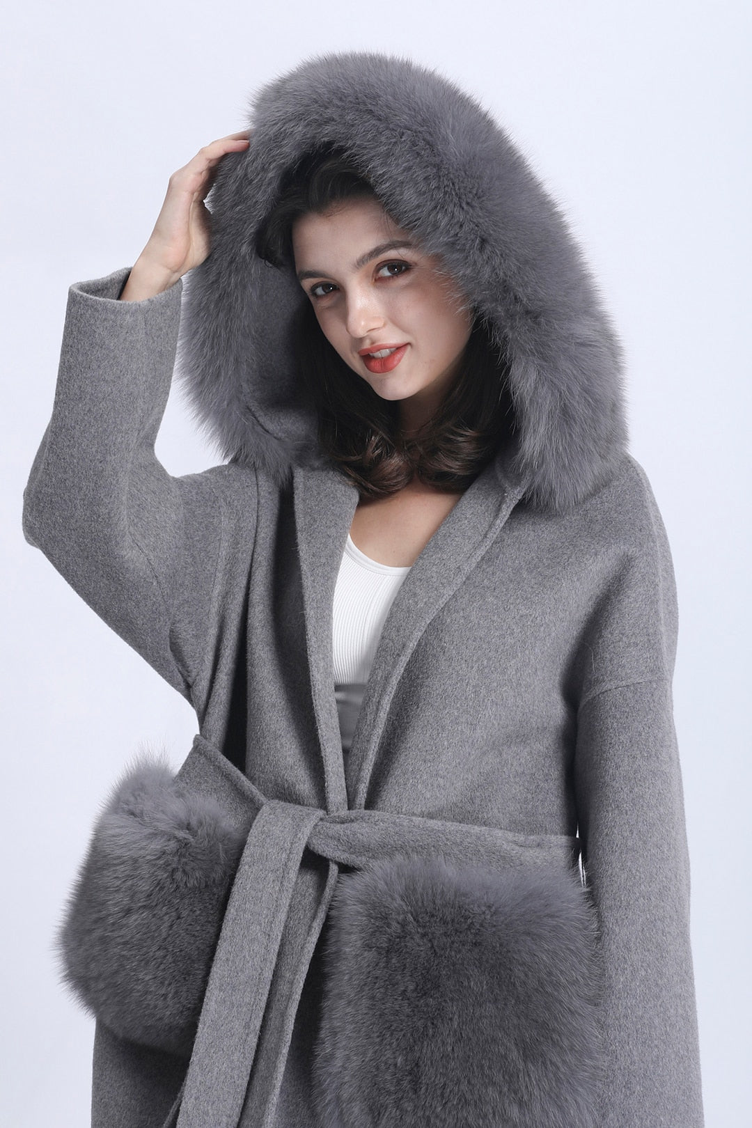 Cashmere Pea Coats Fur Trim Hood With Big Fur Pockets