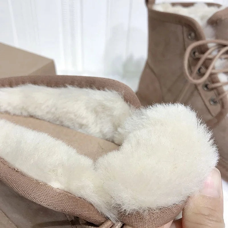 UNISEX Real Wool Fur Lace Up Snow Boots