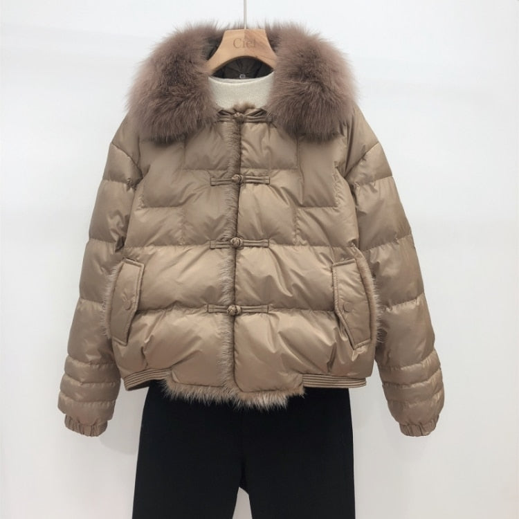 Duck Down Short Puffer Coats Real Fur Collar & Trim