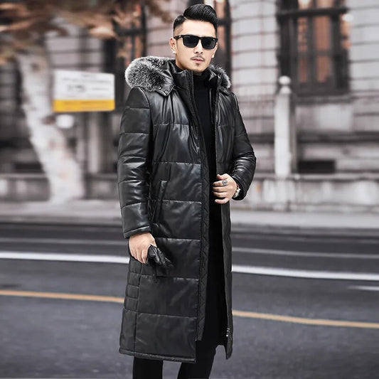 Genuine Leather Long Coat Duck Down Fur Hood