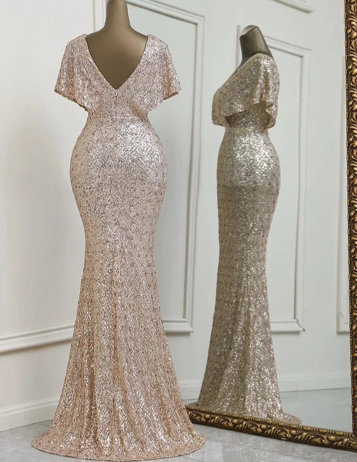 Sequin Deep V Drape Sleeve Mermaid Dresses