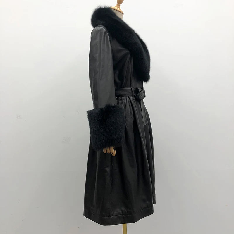 Genuine Leather Trench Coats Real Fur Collar & Cuffs