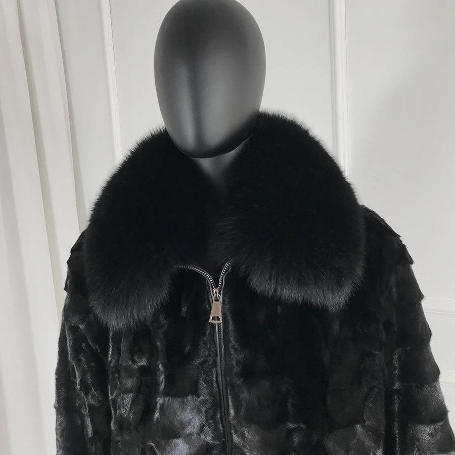 Real Mink Fur Coat Bomber Fox Fur Collar