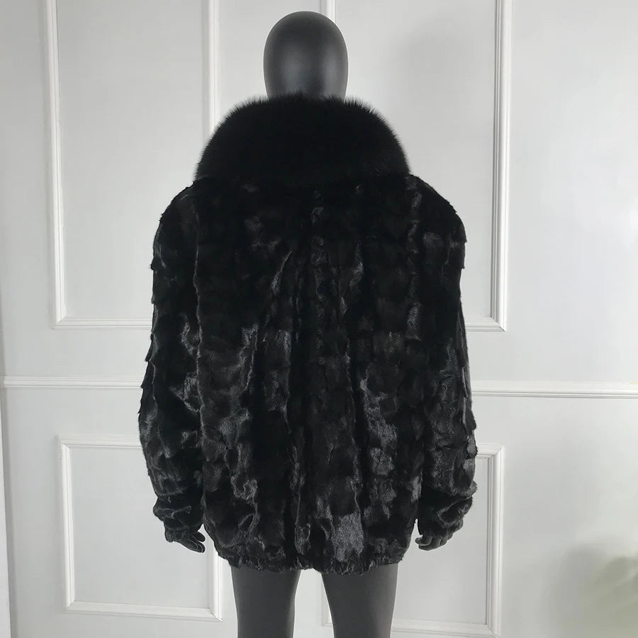 Real Mink Fur Coat Bomber Fox Fur Collar