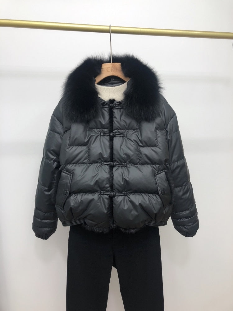 Duck Down Short Puffer Coats Real Fur Collar & Trim