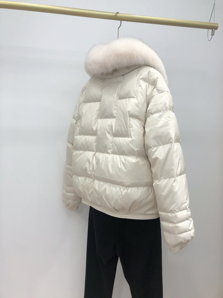 Duck Down Short Puffer Coats Real Fur Collar & Trim