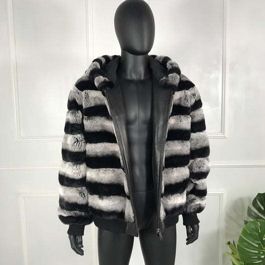 Hooded Real Rabbit Fur Bomber Chinchilla Style