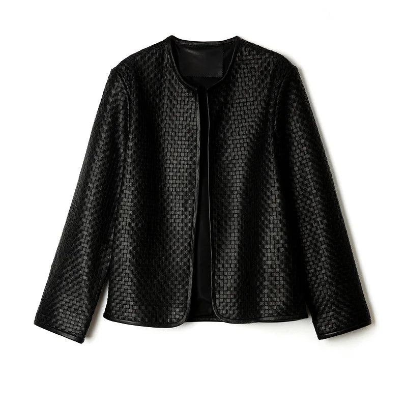 Genuine Leather Jacket Women Autumn 2025 Stylish Vintage Hand-Woven Sheepskin Chaqueta Mujer O-Neck Cardigan Plaid Coat Outwear