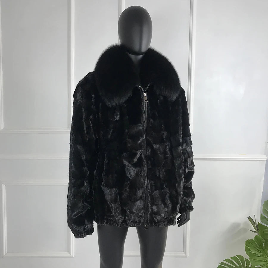 Real Mink Fur Coat Bomber Fox Fur Collar