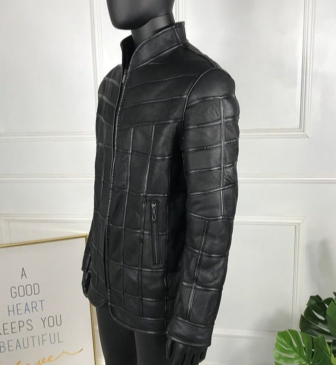Box Pattern Genuine Leather Coats Real Fur Liner
