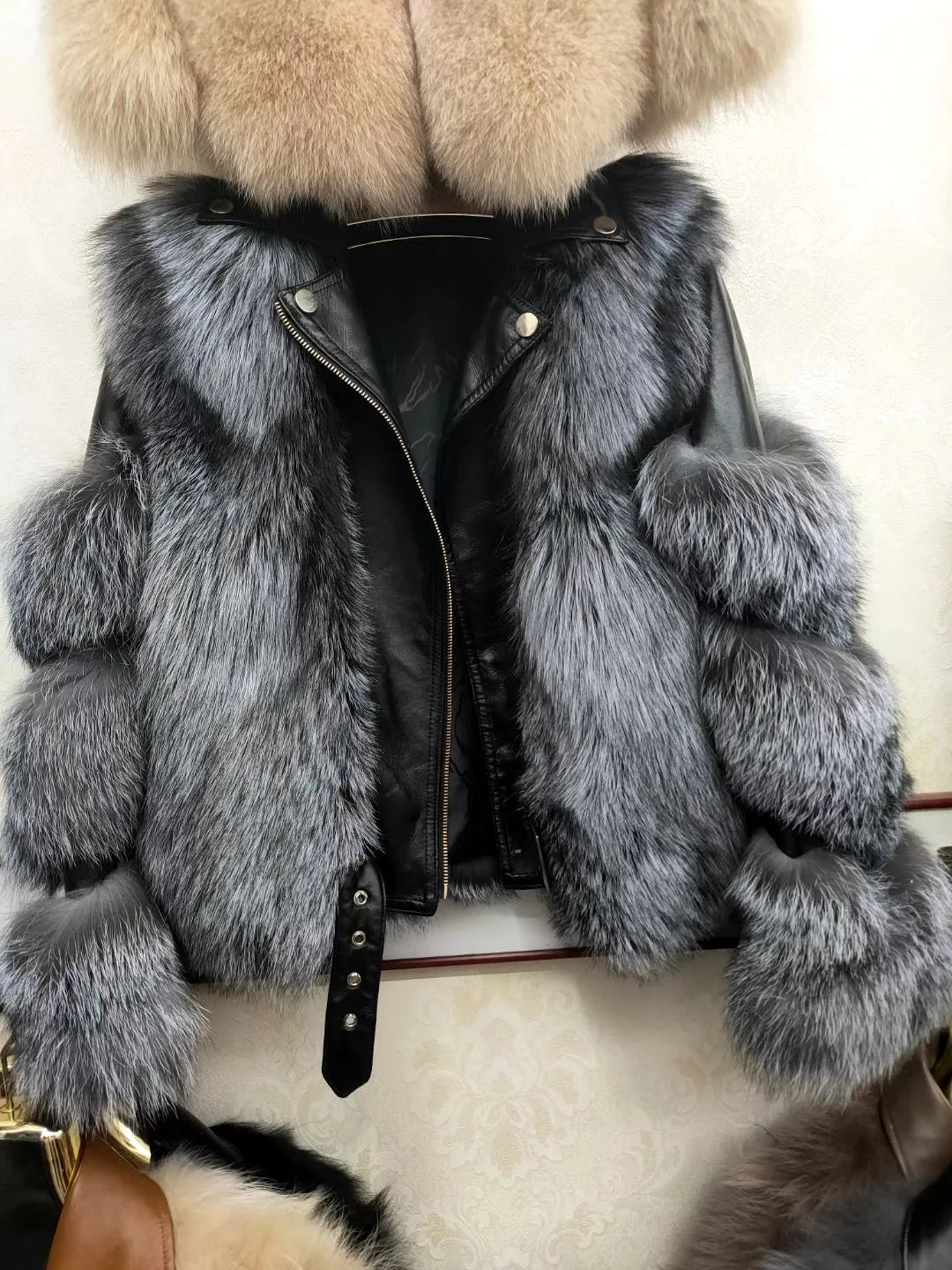 Genuine Leather Moto Real Fox Fur Coats