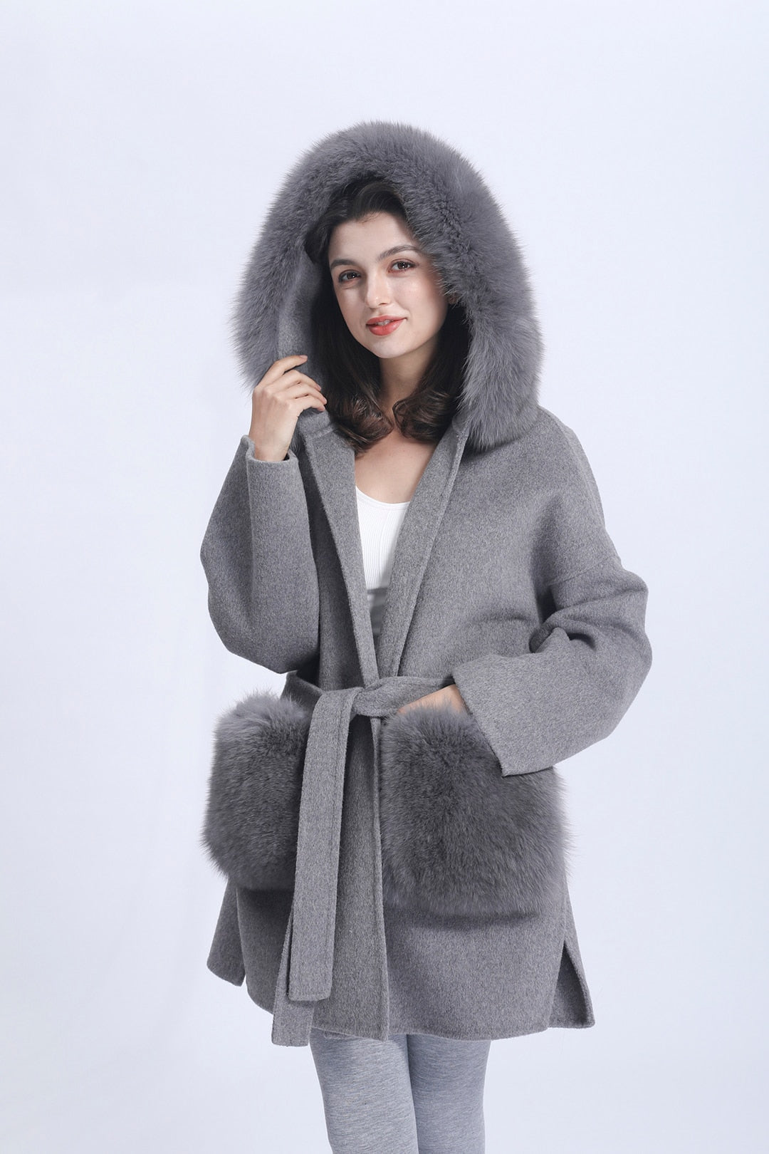 Cashmere Pea Coats Fur Trim Hood With Big Fur Pockets