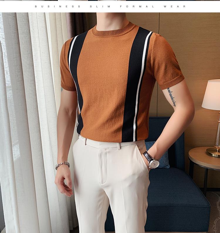 Color Bar Knitted Short Sleeve Shirts