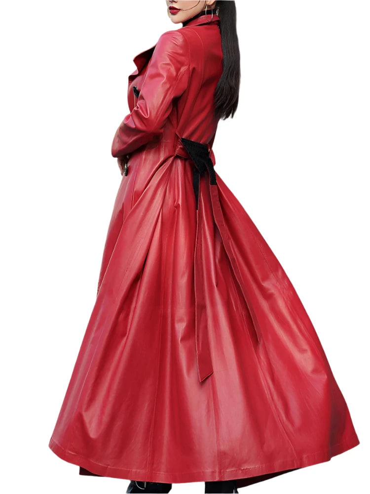 Long Red Pu Leather Trench Coats