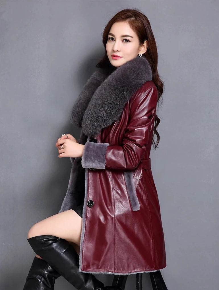 Genuine Leather Coat Real Fur Shearling Fox Fur Collar