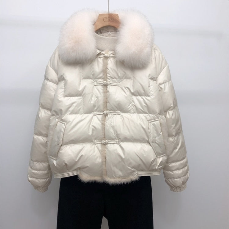 Duck Down Short Puffer Coats Real Fur Collar & Trim