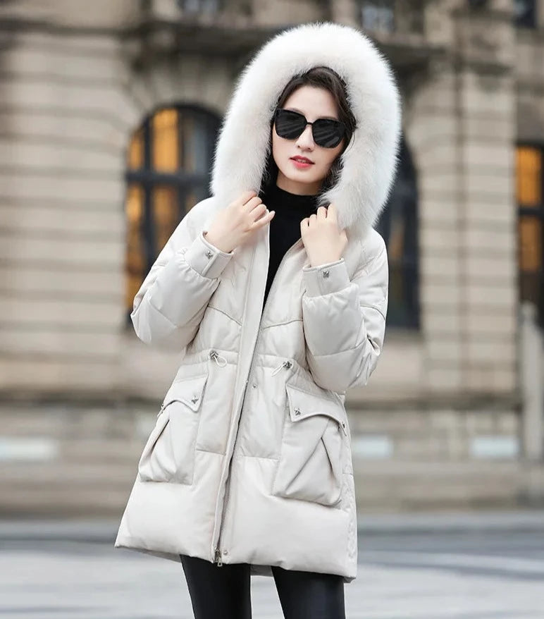 Genuine Leather Real Fur CMid-long Down Coat