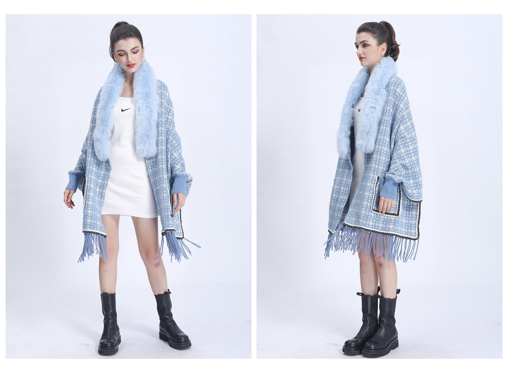 Real Fur Plaid Wool Tassel Ponchos