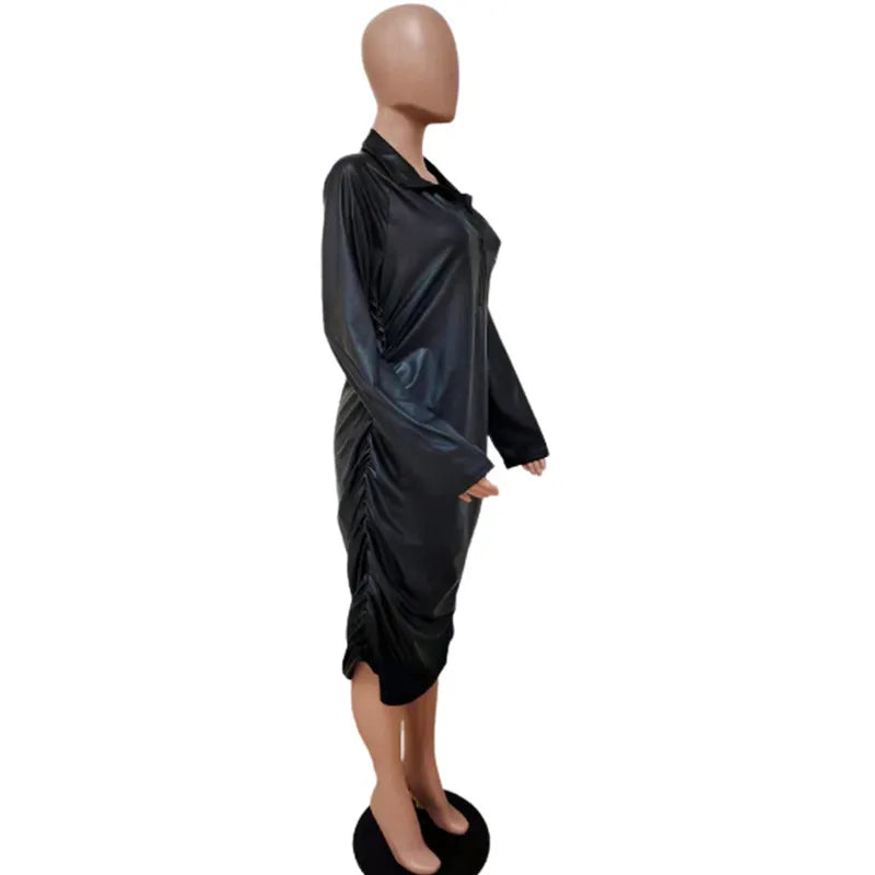 Pu Leather Long Sleeve Midi Dress Plus Size