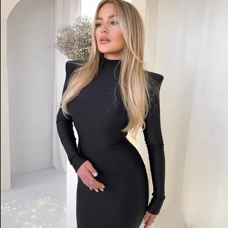 Long Sleeve With Shoulder Pads Turtleneck Maxi Dresses