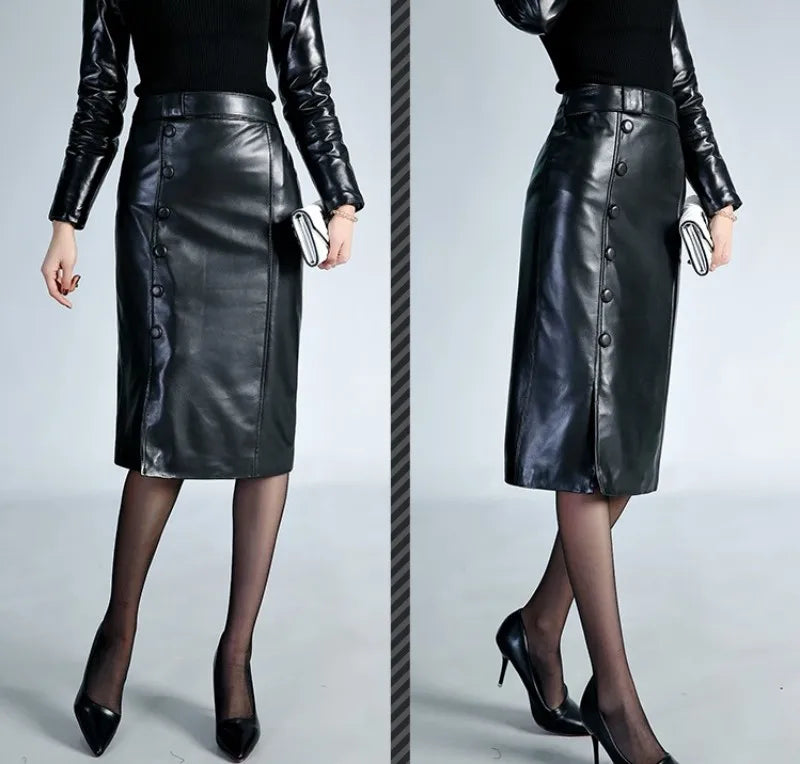Genuine Leather Pencil Skirts High Waist
