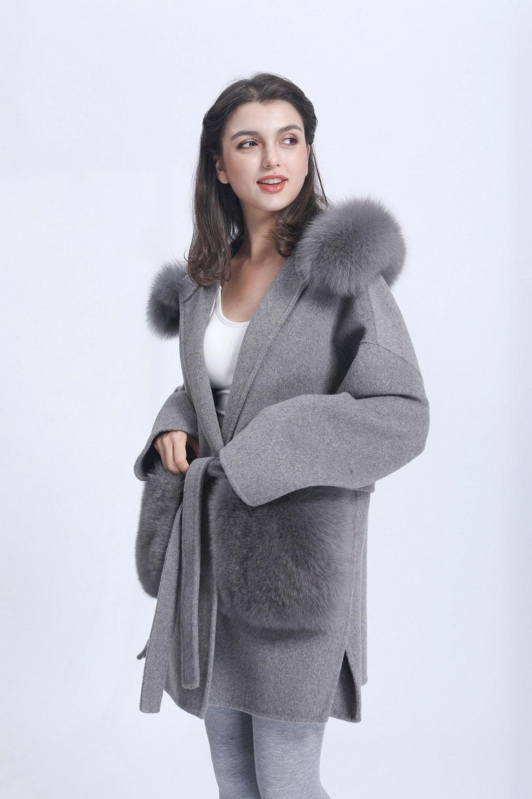 Cashmere Pea Coats Fur Trim Hood With Big Fur Pockets