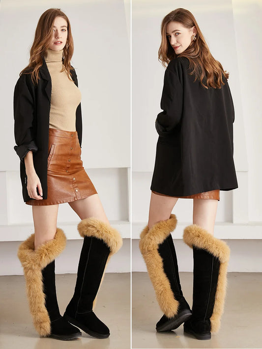 Genuine Leather Natural Side Fur Long Boots