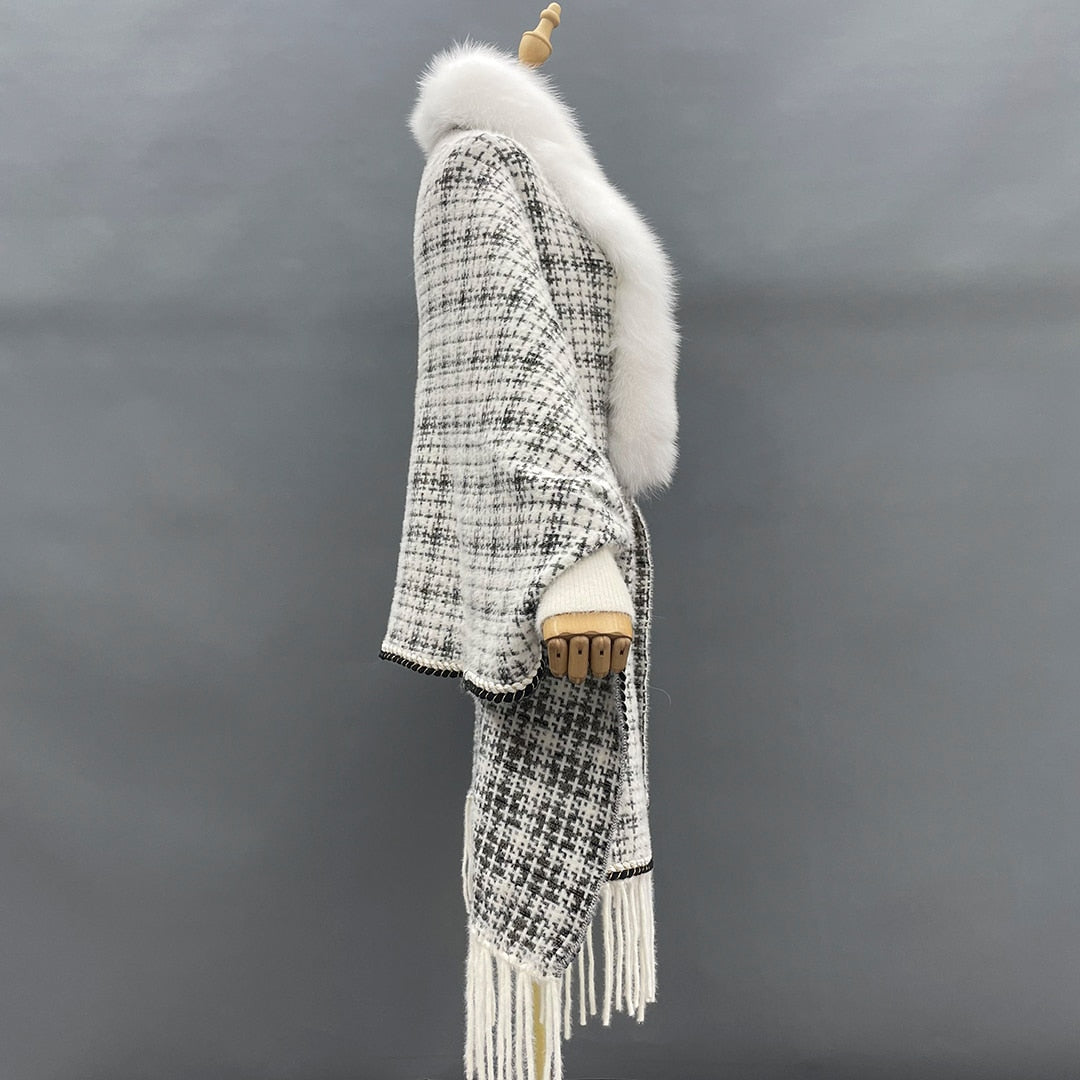 Real Fur Plaid Wool Tassel Ponchos