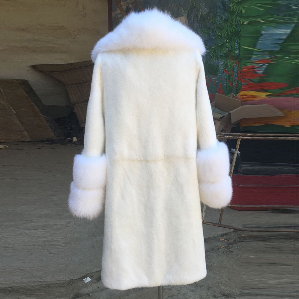 White Full Pelt Real Mink Fur Coat Fox Fur Collar & Cuffs