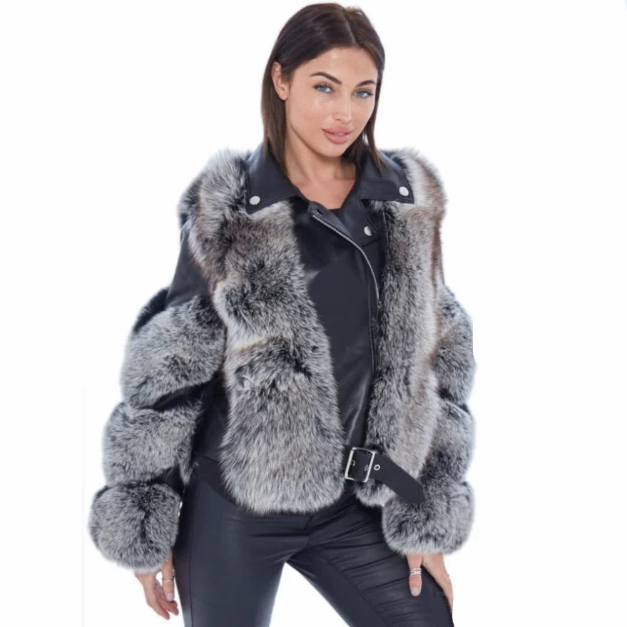 Genuine Leather Moto Real Fox Fur Coats