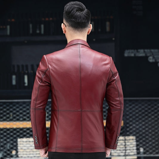 Genuine Leather Blazer Slim Single Breasted